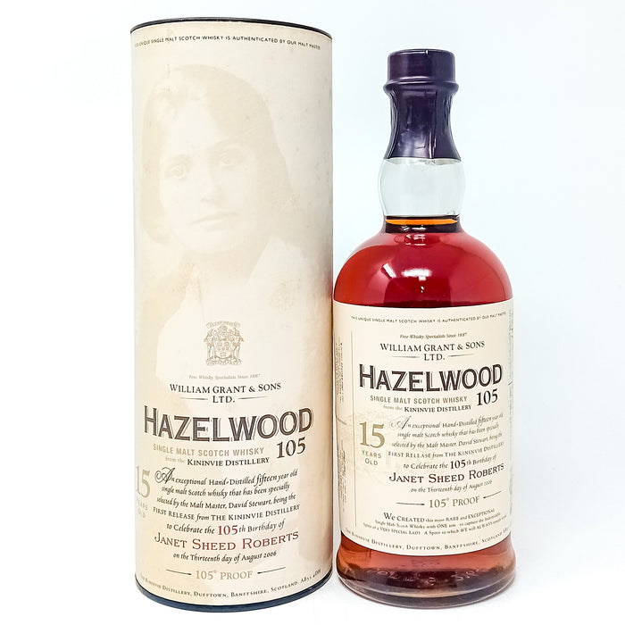 Hazelwood 1990 15 Year Old Janet Sheed Roberts 105th Birthday Single Malt Scotch Whisky, 70cl, 52.5% ABV