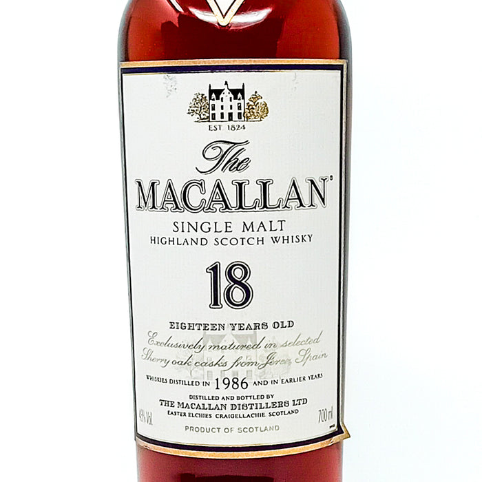 Macallan 1986 18 Year Old Single Malt Scotch Whisky, 70cl, 43% ABV