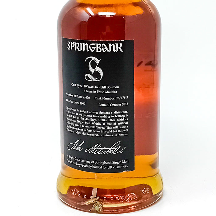 Springbank 1997 16 Year Old Single Cask Single Malt Whisky, 70cl, 56% ABV