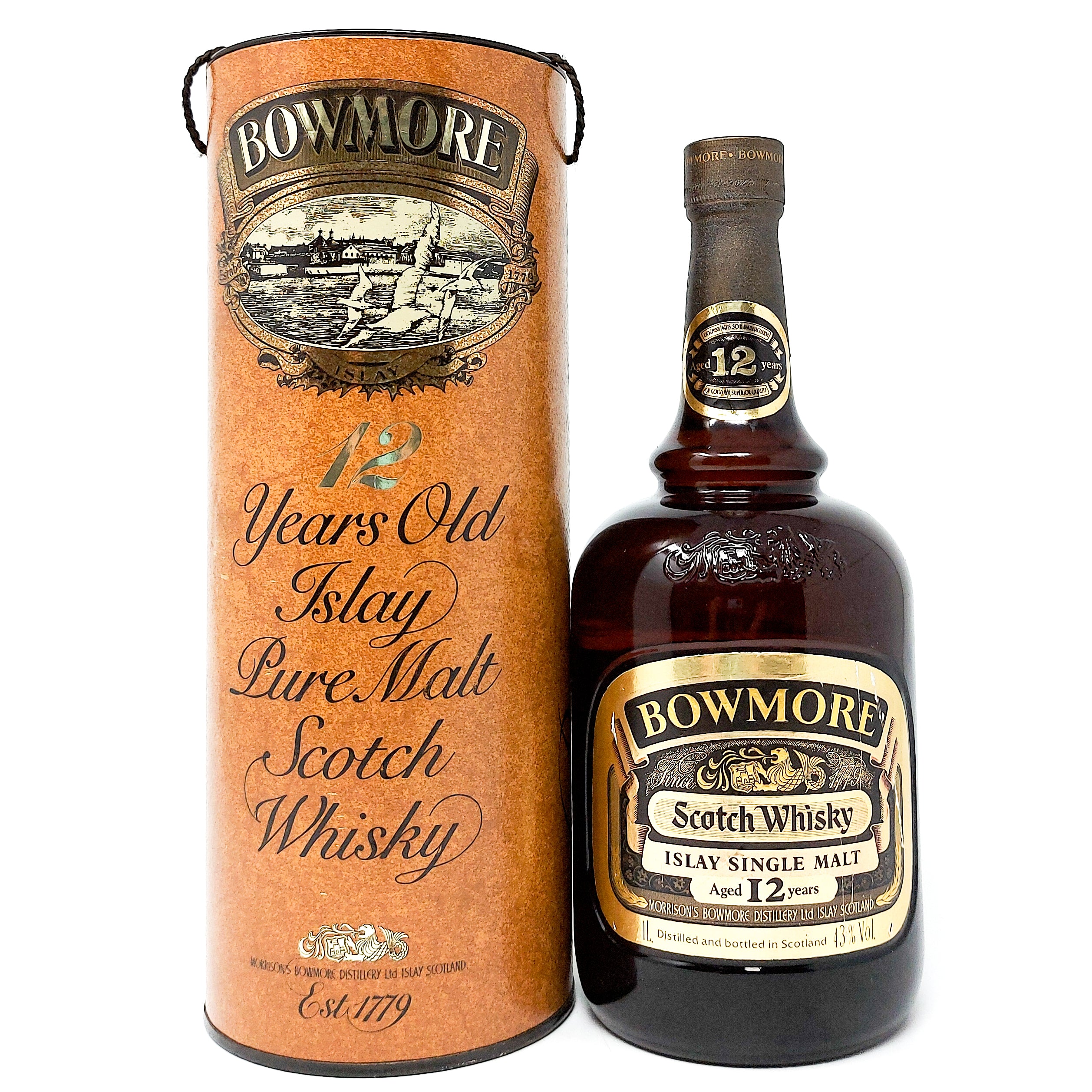 ウイスキー Bowmore 12 Years Old Islay Whisky 1L Bowmore 12 Year Old Dumpy Bottle Single Malt Scotch Whisky, 1L, 43% AB