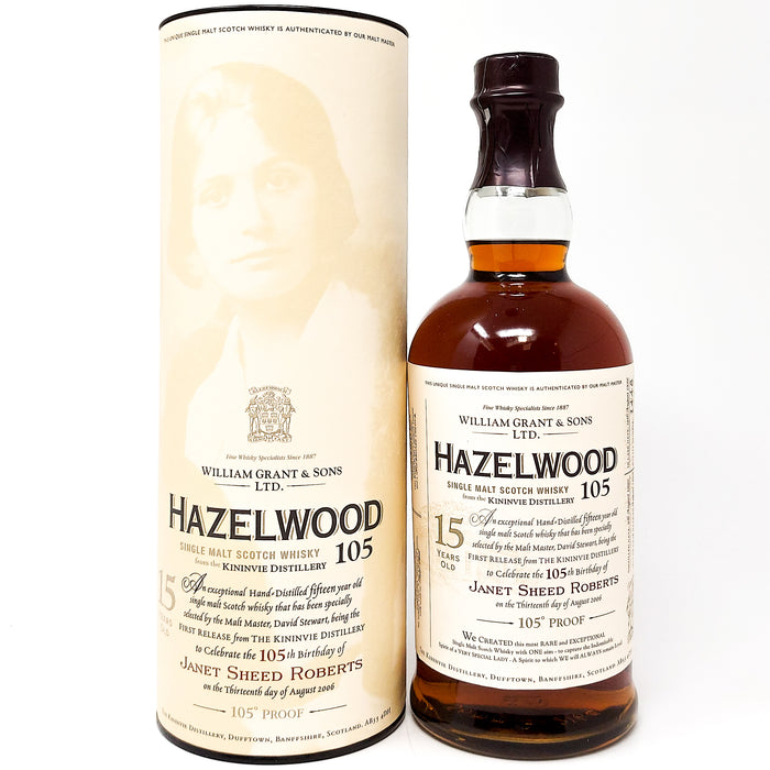 Hazelwood 1990 15 Year Old Janet Sheed Roberts 105th Birthday Single Malt Scotch Whisky, 70cl, 52.5% ABV